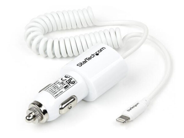 StarTech.com Caricabatteria da auto a doppia porta USB con cavo Lightning incorporato - Bianco