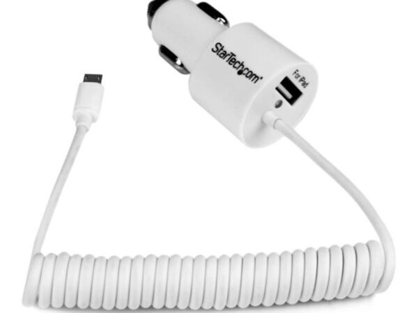 StarTech.com Caricatore da auto a doppia presa con cavo Micro-USB piu porta USB - Alta potenza ( 21 Watt / 4.2A ) - Bianco