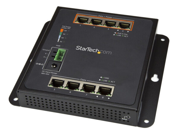 StarTech.com Switch industriale a 8 porte Gigabit PoE - 4 x PoE+ 30W - Power Over Ethernet - Switch gestito GbE Layer/L2 in metallo temprato - Commutatore di rete Gigabit ad alta potenza IP-30/ -40C a +75C