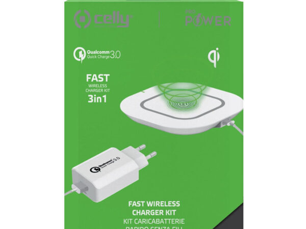 Celly WLKIT3IN1WH Caricabatterie per dispositivi mobili Telefono cellulare, Smartphone, Tablet Bianco USB Carica wireless Ricarica rapida Interno