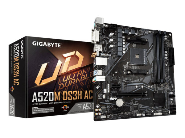 GIGABYTE A520M DS3H AC Scheda Madre - CPU AMD Ryzen Serie 5000, VRM 5+3 fasi, fino a 4733 MHz DDR5 (OC), 1xPCIe 3.0 M.2, LAN GbE, WIFI 5, USB 3.2 Gen 1