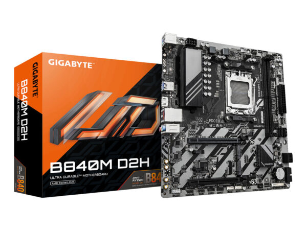 GIGABYTE B840M D2H Scheda madre - CPU AMD Ryzen 9000, VRM a 5+2+2 fasi, fino a 7600 MHz DDR5, 1xPCIe 4.0 + 1xPCIe 3.0 M.2, LAN 2.5GbE, USB 3.2 Gen 1