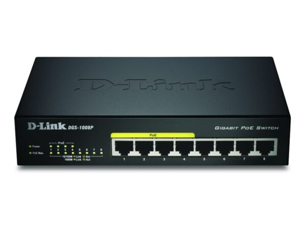 D-Link DGS-1008P/E switch di rete Non gestito L2 Gigabit Ethernet (10/100/1000) Supporto Power over Ethernet (PoE) Desktop Nero
