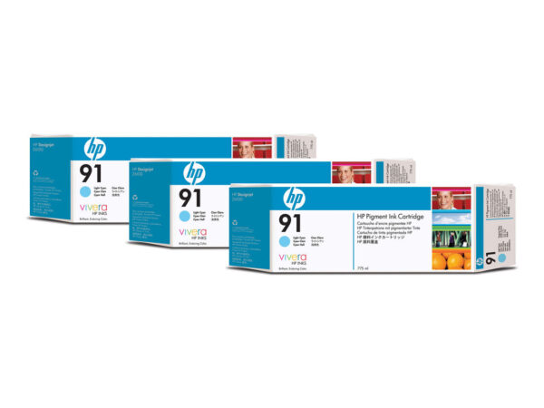 HP Jeu de 3 cartouches d'encre à pigments cyan clair n°91 775-ml avec encre Vivera cartuccia d'inchiostro 1 pz Originale Resa standard Ciano chiaro