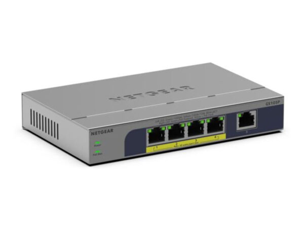 NETGEAR GS105P Non gestito Gigabit Ethernet (10/100/1000) Supporto Power over Ethernet (PoE) Montaggio da desktop/parete Grigio