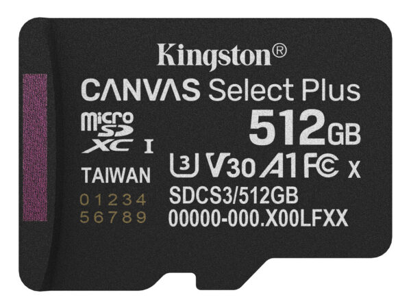 Kingston Technology 512GB micSDXC Canvas Select Plus Gen3 150R A1 (Adattatore SD non incluso)