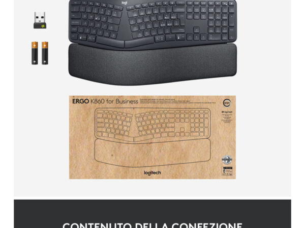 Logitech ERGO K860 for Business - Tastiera split ergonomica - Design ergonomico, tecnologia Logi Bolt sicura, Bluetooth, certificazione globale, Windows/Mac/Chrome/Linux - Graphite