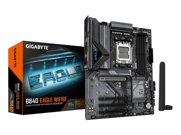 GIGABYTE B840 EAGLE WIFI6E Scheda Madre - CPU AMD Ryzen 9000, VRM 8+2+2 fasi, fino a 8200MHz DDR5(O.C), 2xPCIe 4.0 + 1xPCIe 3.0 M.2, Wi-Fi 6E, LAN 2.5GbE, USB 3.2 Gen 2