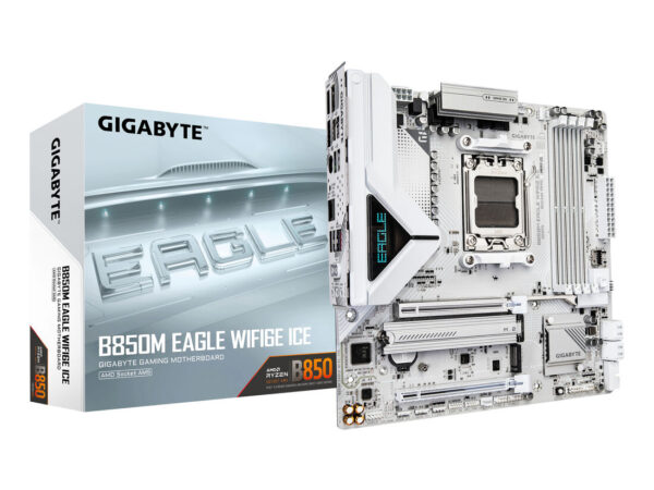 GIGABYTE B850M EAGLE WIFI6E ICE Scheda Madre - CPU AMD Ryzen serie 9000, VRM digitale a 8+2+2 fasi, fino a 8200 MHz DDR5 (OC), 1 x M.2 PCIe 5.0 + 1 x PCIe 4.0, Wi-Fi 6E, LAN 2.5 GbE, USB 3.2 Gen 2