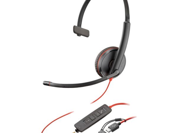 Poly Cuffie monoaurali Blackwire 3215 con connettore USB-C + spina da 3,5 mm + adattatore USB-C/A