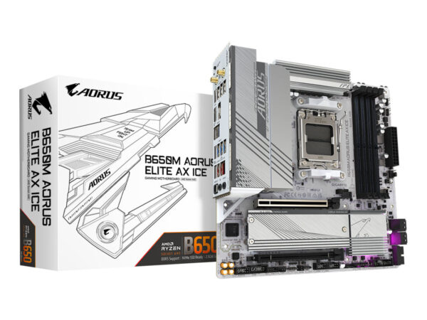 GIGABYTE B650M AORUS ELITE AX ICE Scheda madre - AMD Ryzen serie 9000, VRM a 12+2+2 fasi, fino a 8000 MHz DDR5 (OC), 1xPCIe 5.0 + 1xPCIe 4.0 M.2, LAN 2,5 GbE, WIFI 6E, USB 3.2 Gen 2x2