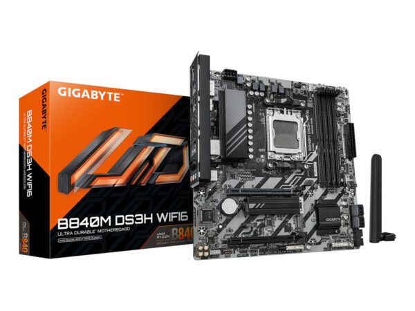 GIGABYTE B840M DS3H WIFI6 Scheda Madre - CPU AMD Ryzen 9000, VRM digitale 8+2+2 fasi, fino a 8200 MHz DDR5, 2 x M.2 PCIe 4.0, Wi-Fi 6, LAN 2,5 GbE, USB 3.2 Gen 1