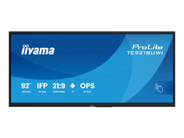 iiyama TE9218UWI-B1AG visualizzatore di messaggi Pannello piatto interattivo 2,32 m (91.5") LED Wi-Fi 500 cd/m² 5K Ultra HD Nero Touch screen Processore integrato Android 16/7
